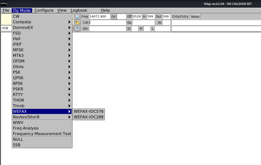 Image of fldigi GUI, where the menu `Op Mode` has been selected, then `WEFAX`, showing the `WEFAX-IOC576` option