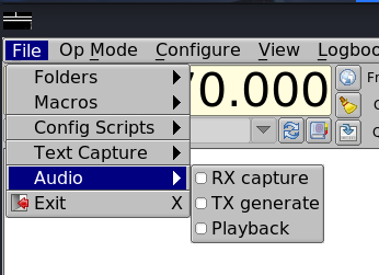 Image of fldigi GUI where the menu `file` and then the submenu `Audio` have been selected in order to show the `playback` option