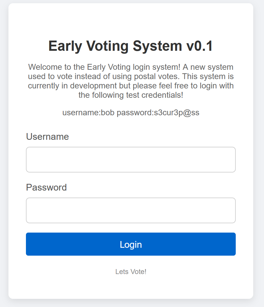 Photo of the Login Page that gives login credentials `bob:s3cur3p@ss`