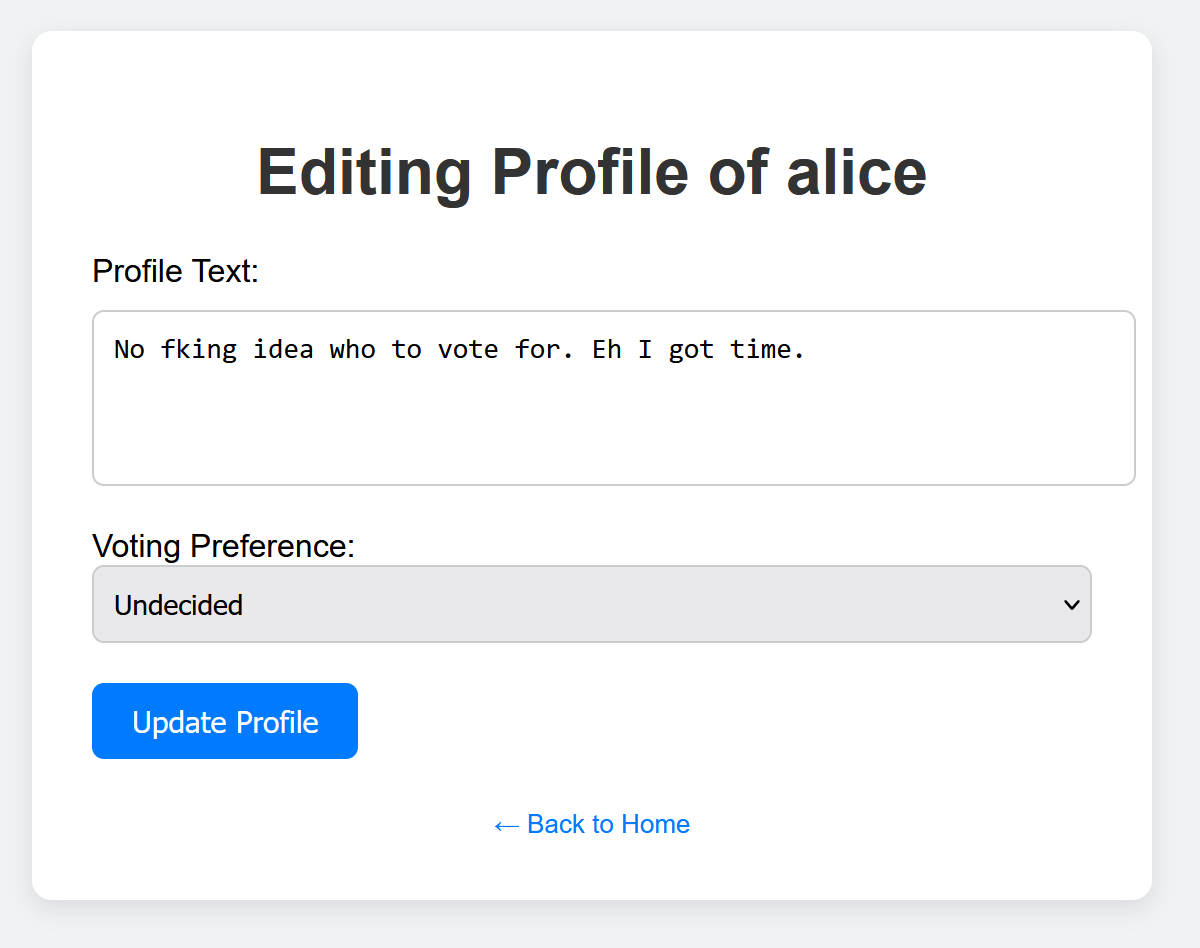 Image of Alice's profile page where we can change here vote