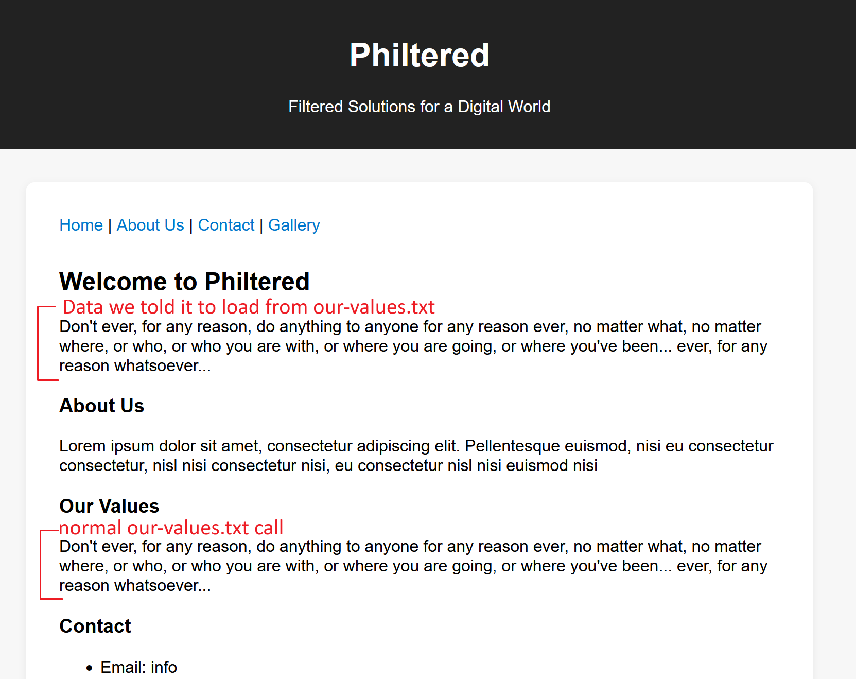 picture of the website showing how we caused the our-values.txt file to be read and loaded onto the page due to the command